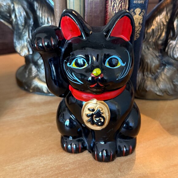 Vintage Maneki-Neko Lucky Black Cat Right Paw Up - Picture 5 of 17
